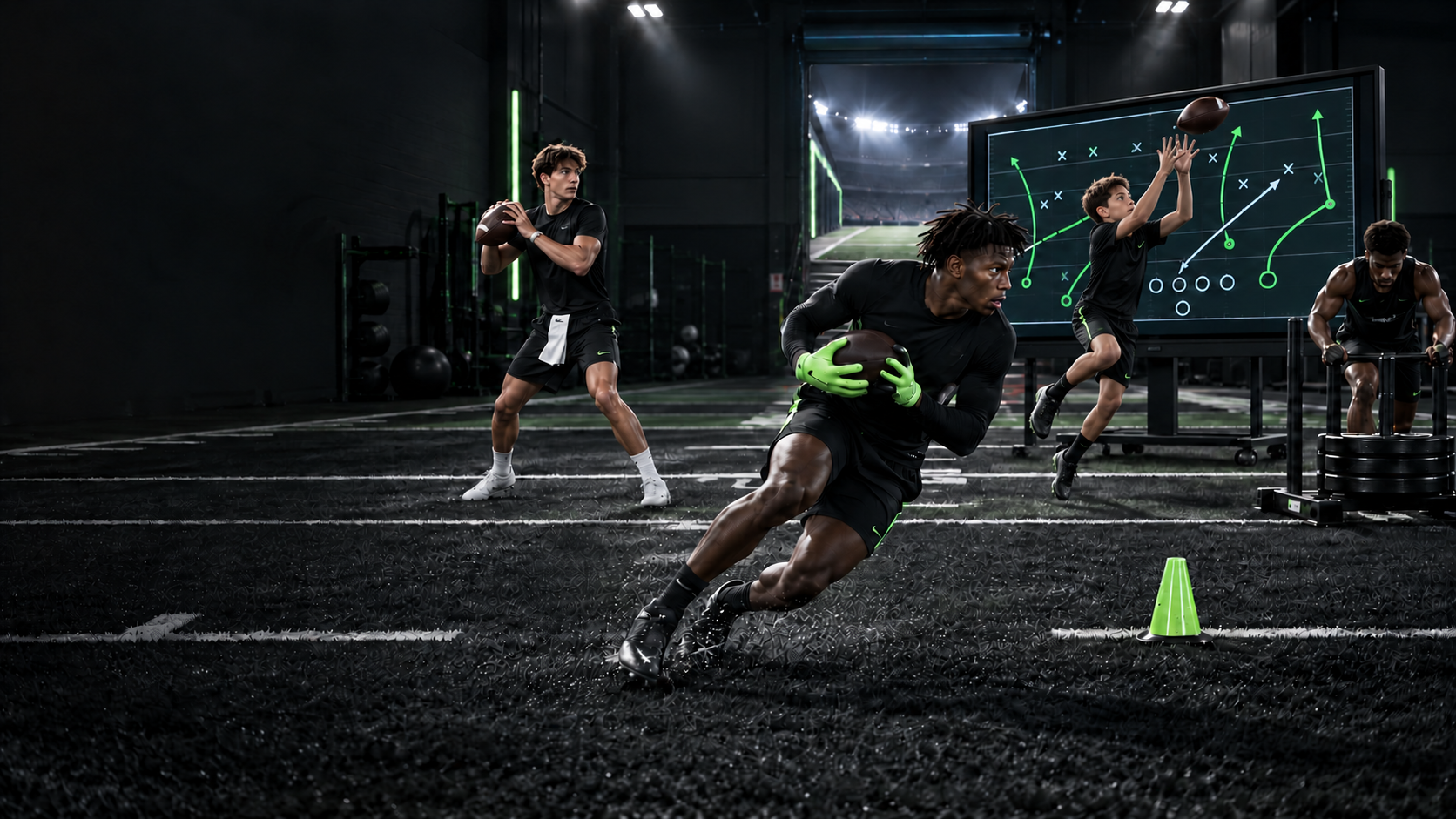 Quarterback and skill-position athletes training on an indoor football field