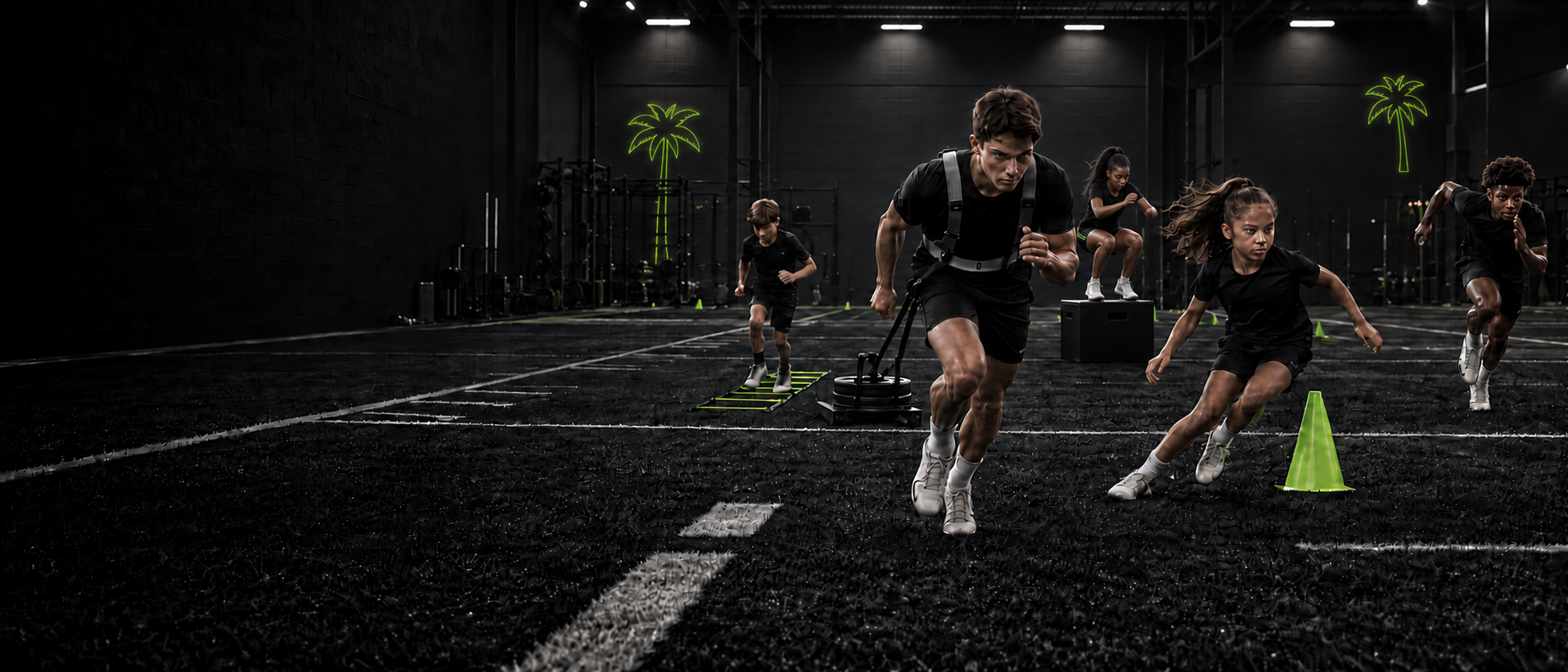 Athletes sprinting, cutting and training speed indoors
